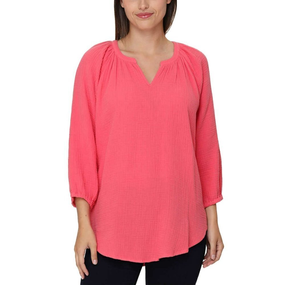 NWT Nicole Miller Women's Notch Neck Raglan Sleeve Top Cotton Gauze Tunic Blouse